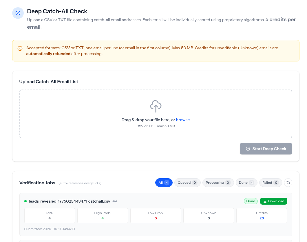 Deep Catch-All Check upload page showing drag-and-drop zone and verification jobs table