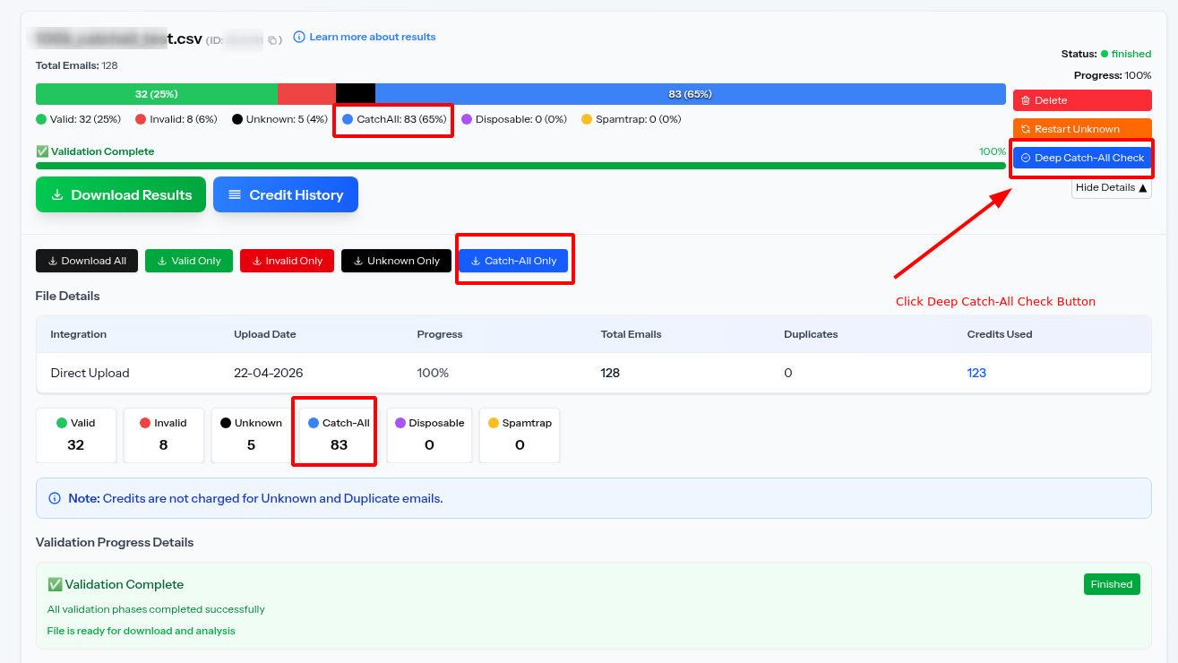 Bulk verification results page showing the Deep Catch-All Check button