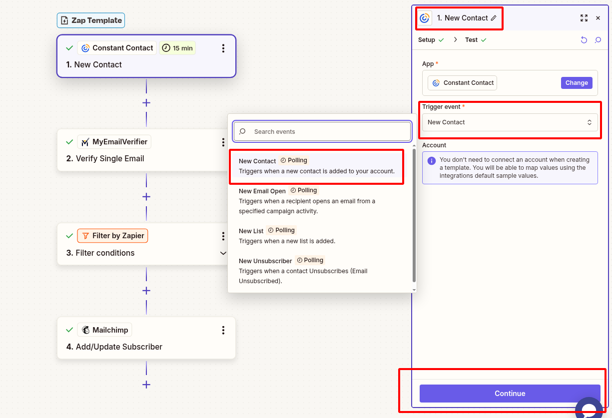 Connect Constant Contact new subscriber trigger in Zapier