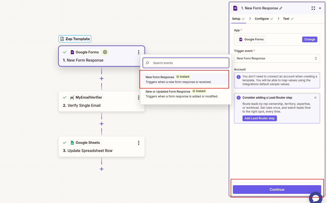 Add Google Form as trigger in Zapier
