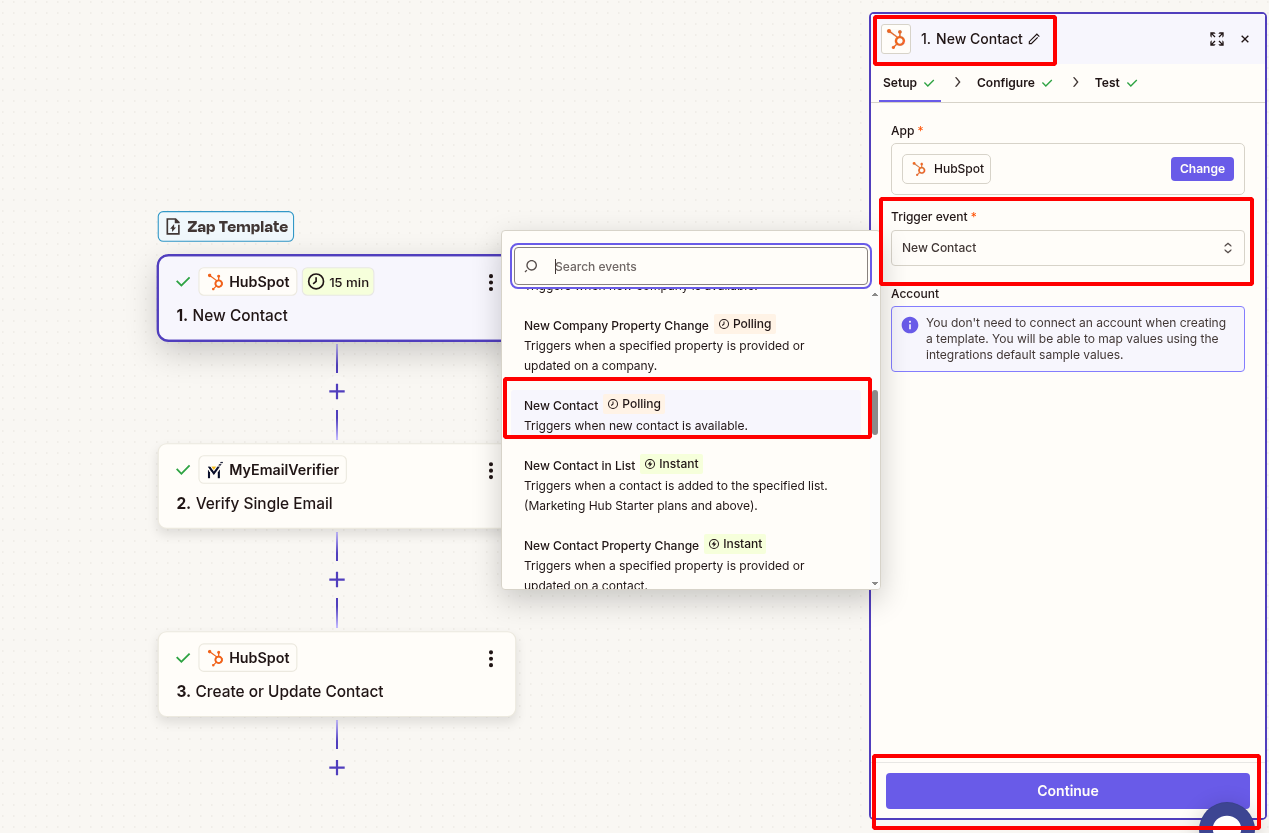 Connect HubSpot new contact trigger in Zapier