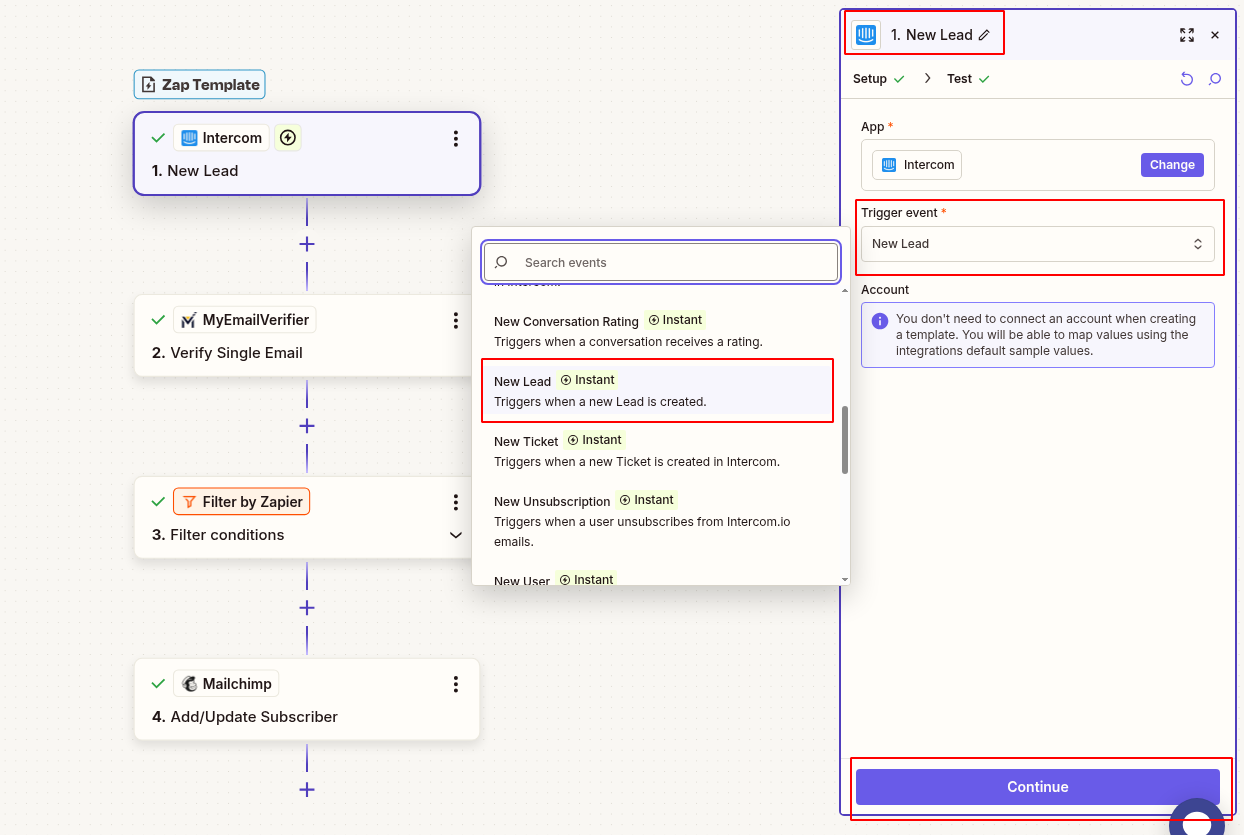 Connect Intercom new lead trigger in Zapier