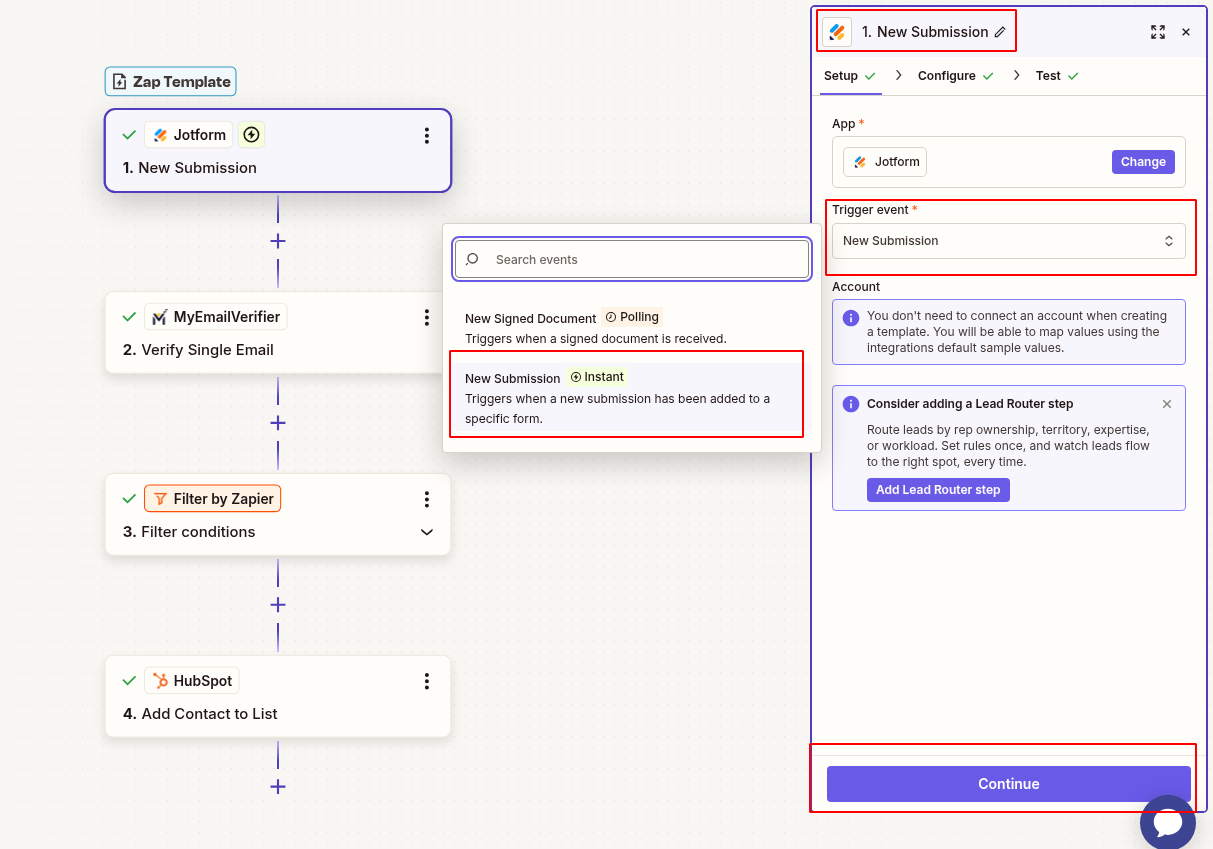 Connect JotForm new submission trigger in Zapier setup