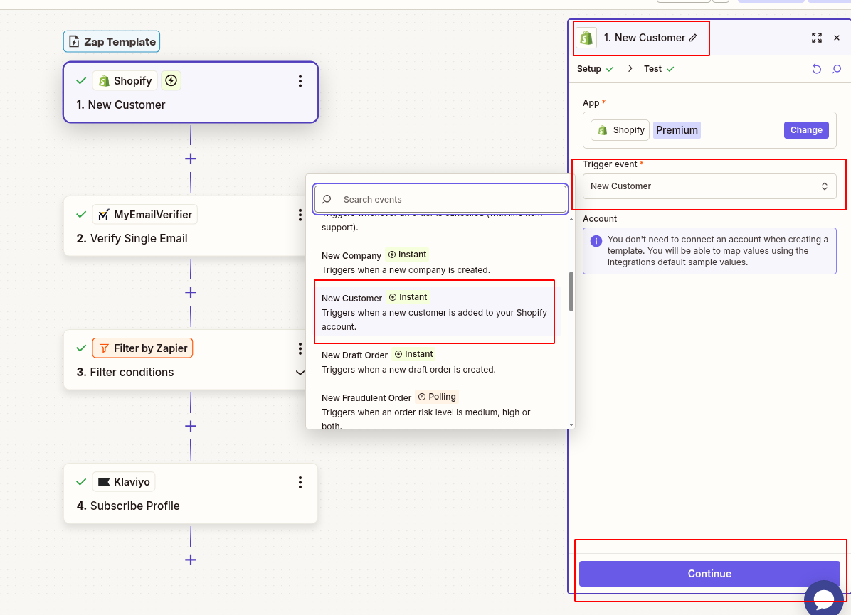 Add Shopify and select new customer add event trigger in Zapier