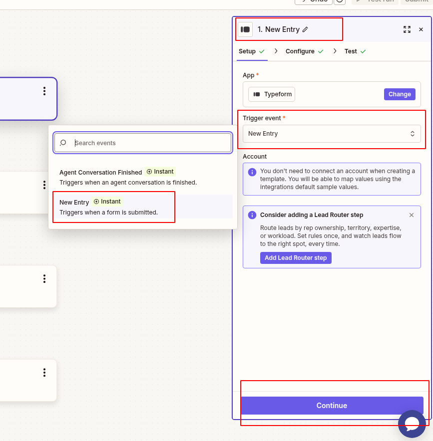 Add Typeform and select new entry event in Zapier