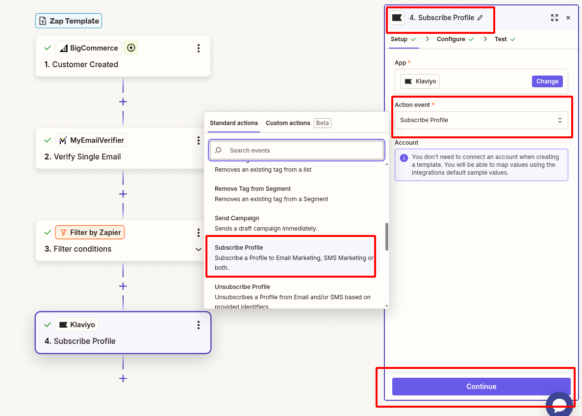 Klaviyo action configuration