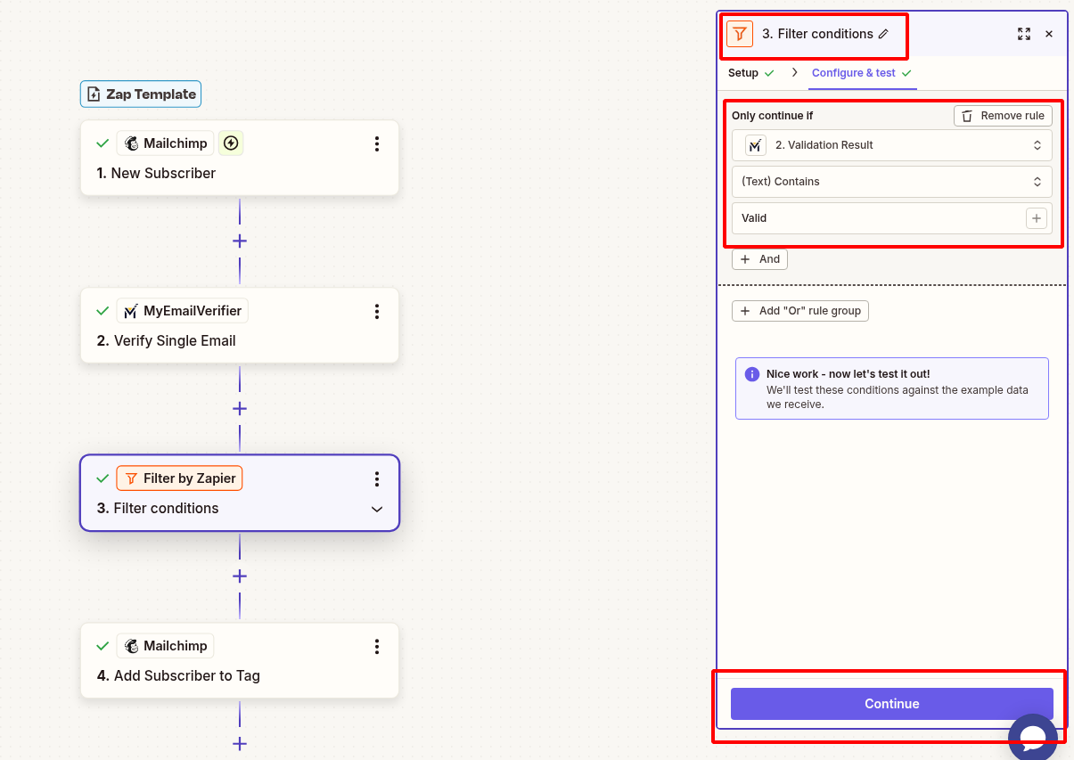 Filter by Zapier setup to only continue for valid emails