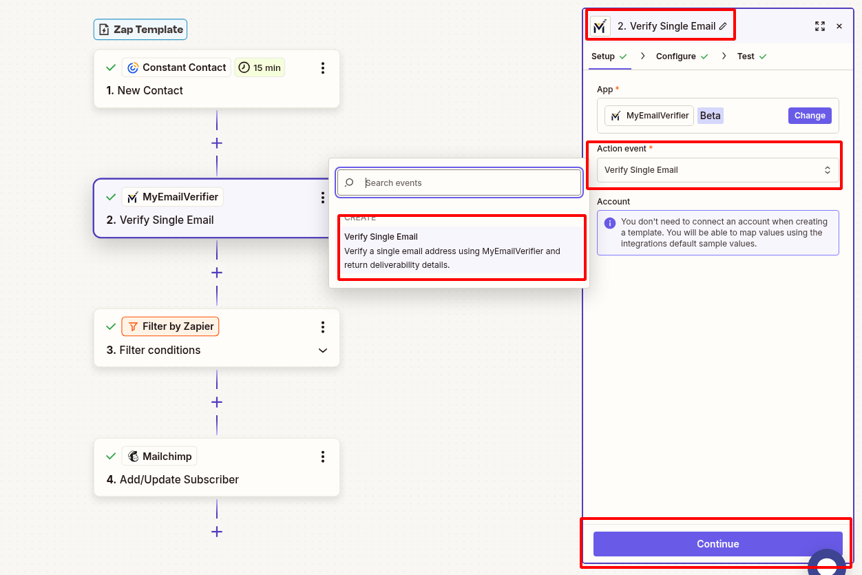 MyEmailVerifier verify Constant Contact subscriber email in Zapier