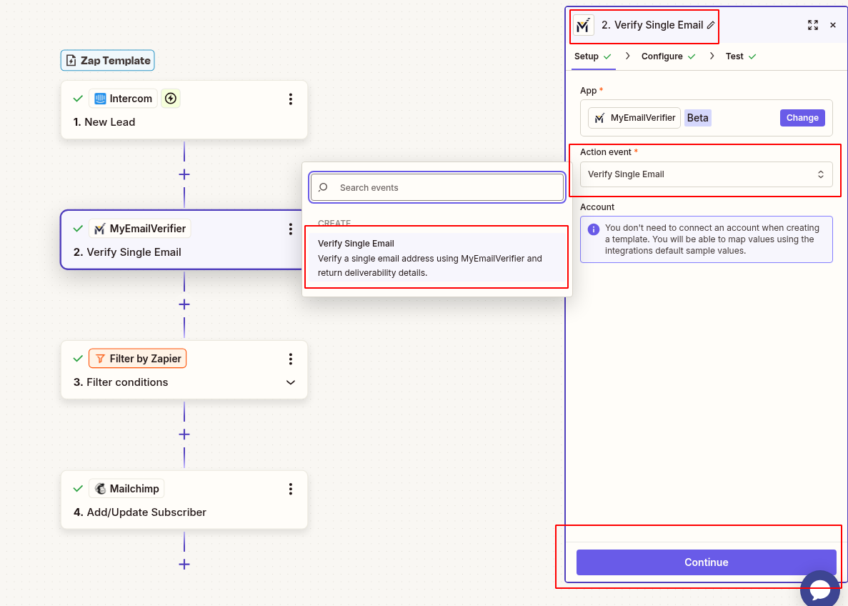 MyEmailVerifier verify Intercom email in Zapier