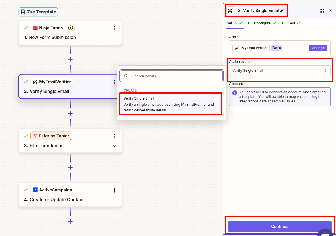 MyEmailVerifier verify Ninja Forms submission email in Zapier