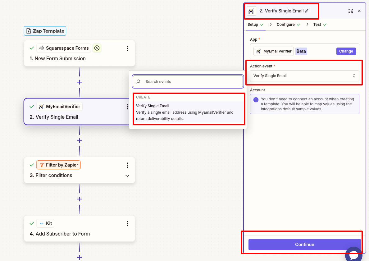 MyEmailVerifier verify Squarespace form email in Zapier