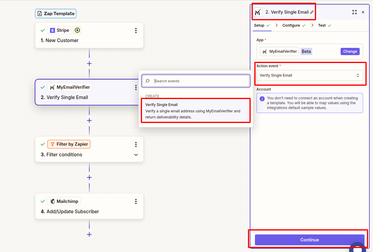 MyEmailVerifier verify Stripe customer email in Zapier