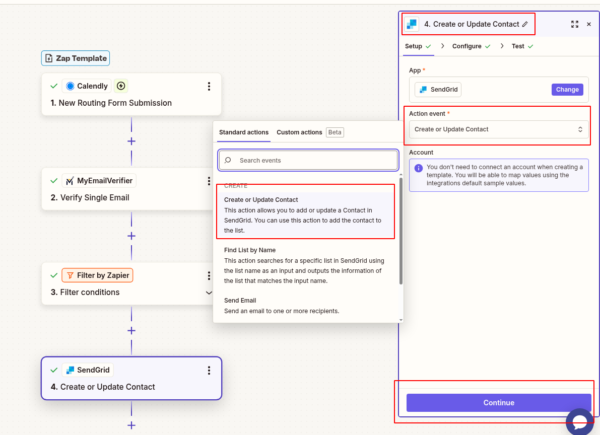 Add SendGrid for create or update contact to add valid emails from Calendly