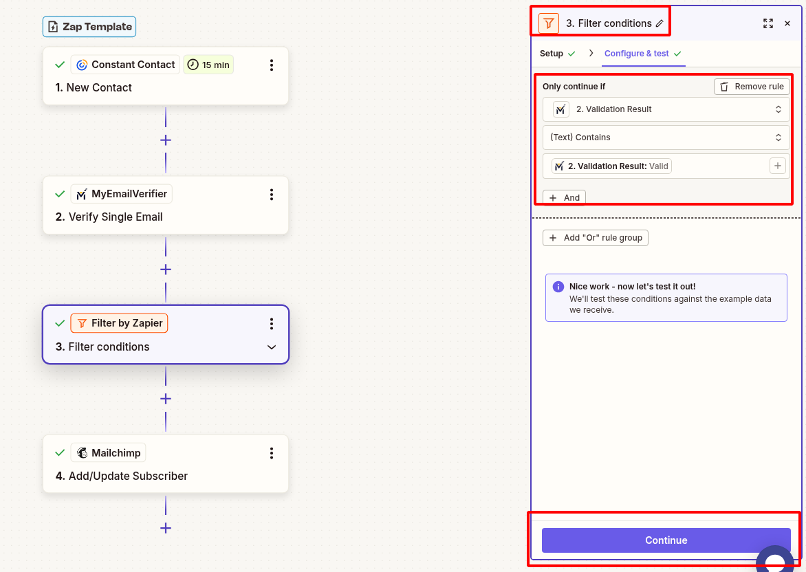 Zapier filter valid emails only for Constant Contact subscribers