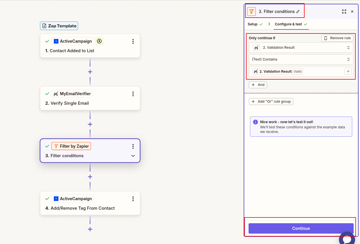 Zapier filter to allow only valid emails from ActiveCampaign