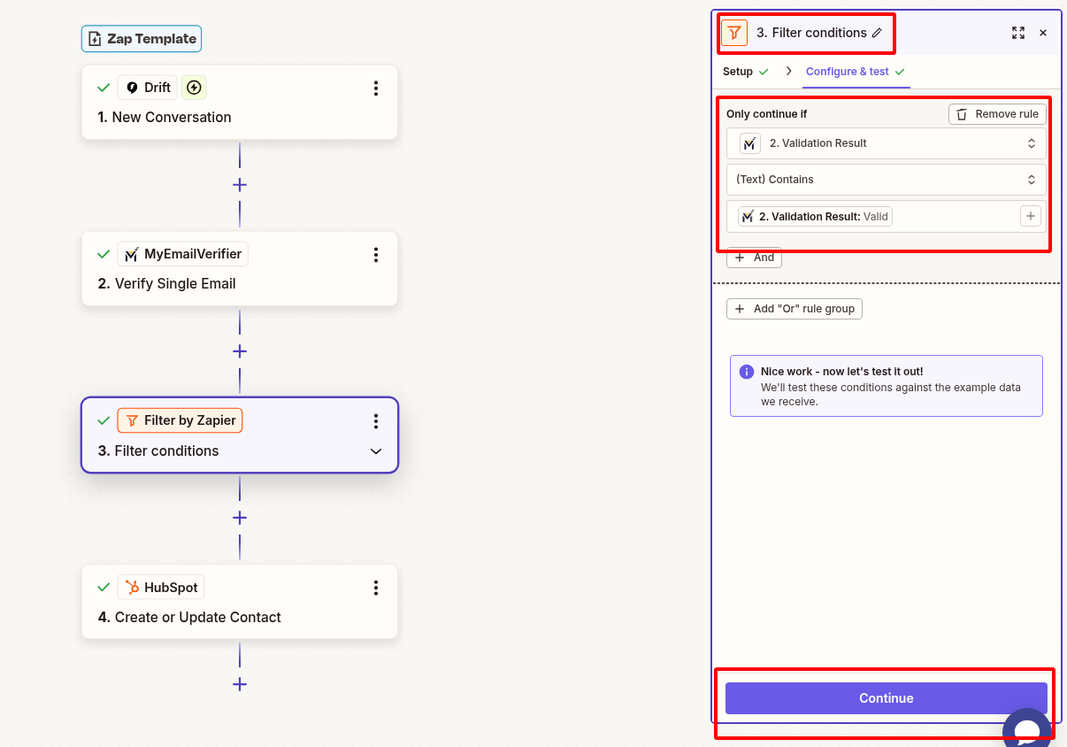 Zapier filter valid emails only for Drift