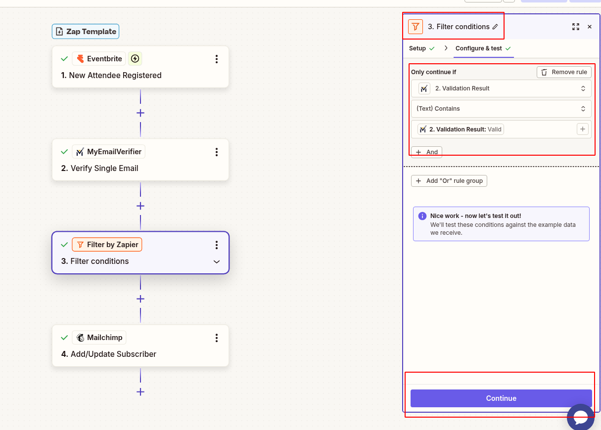 Add Filter by Zapier to filter only valid emails from Eventbrite attendees