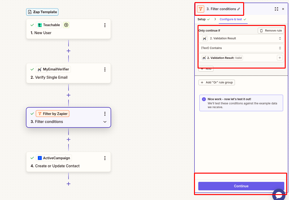 Zapier filter valid emails only for Teachable