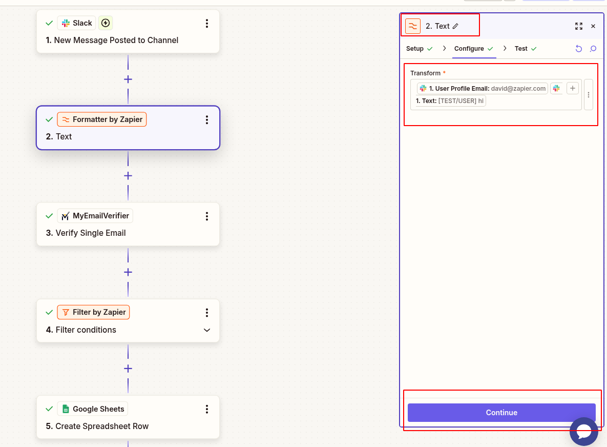 Add Formatter by Zapier to extract email from Slack message